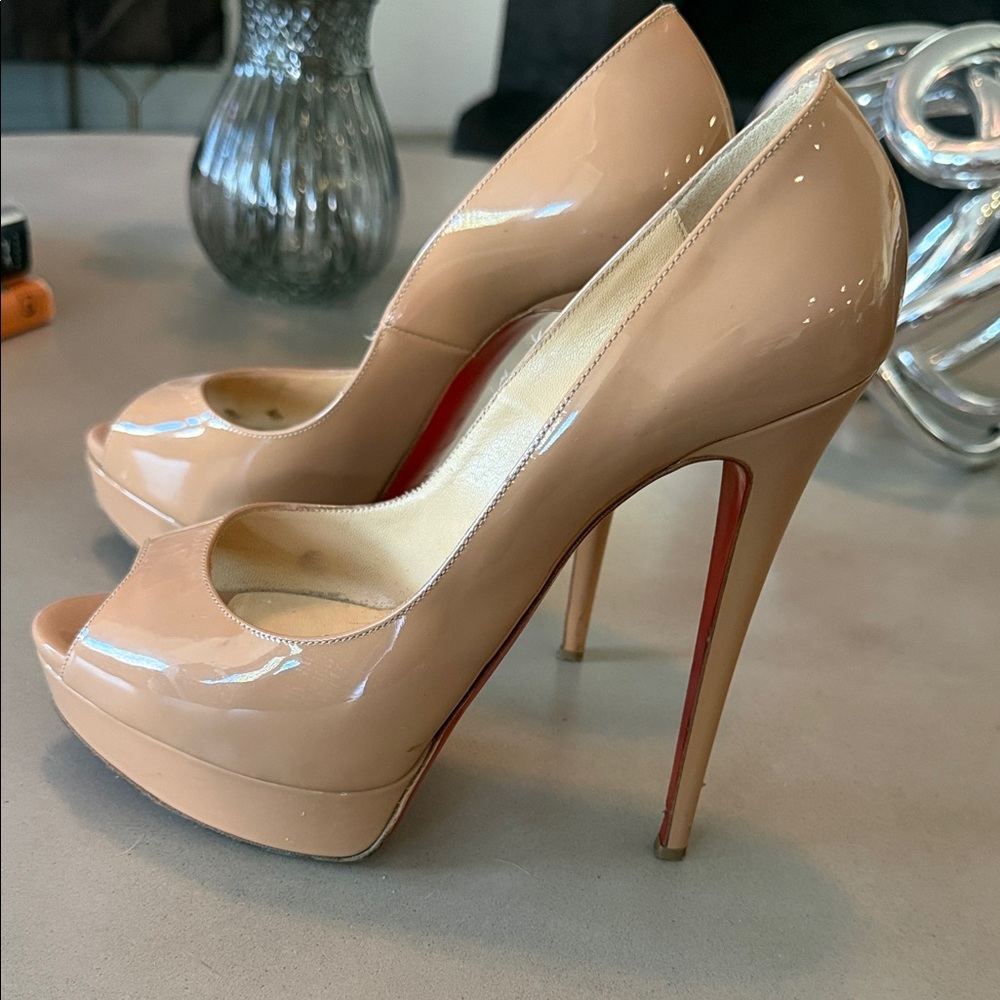 Christian Louboutin Nude Patent Peep-Toe Platform Stilettos